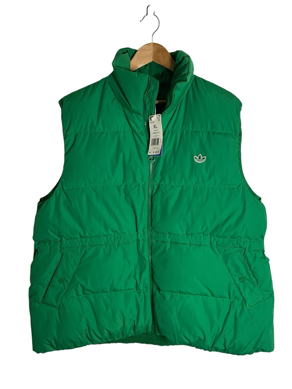 adidas Kelly Green Quilted Puffer Down Vest Size XL 70 30 New trendy gorpcore